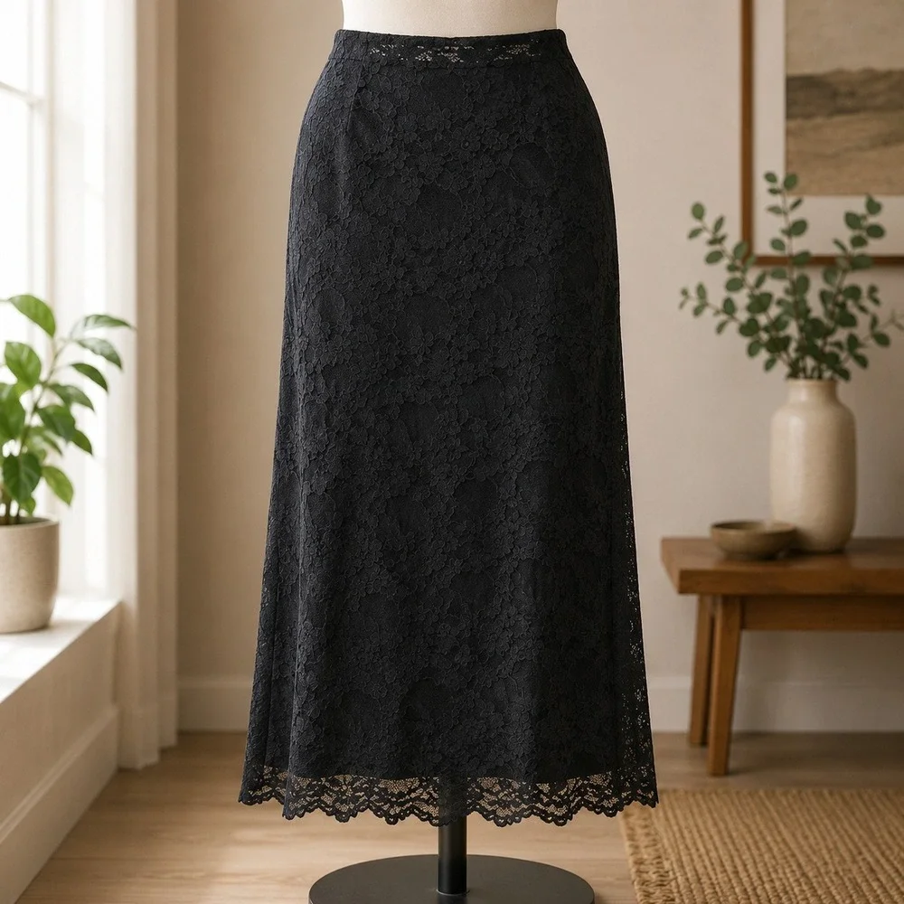 NWT Topshop Lace Midi Skirt Womens Size 4 Black Sheer Floral Scalloped Hem
